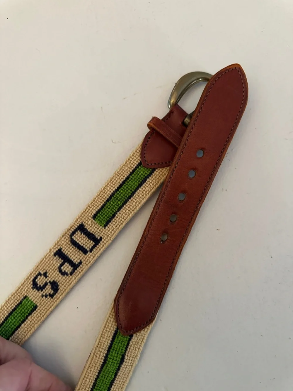 HANDMADE NEEDLEPOINT LEATHER BELT INTIALS DPS GREEN BLUE